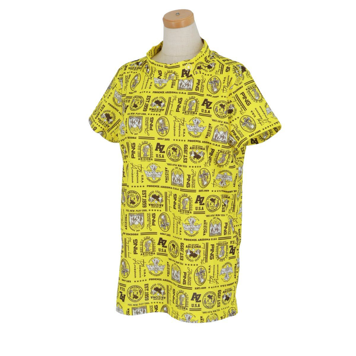 ピン PING　レディース ロゴデザイン 総柄プリント ストレッチ 半袖 ハイネックシャツ 622-4167300　2024年モデル イエロー（060）