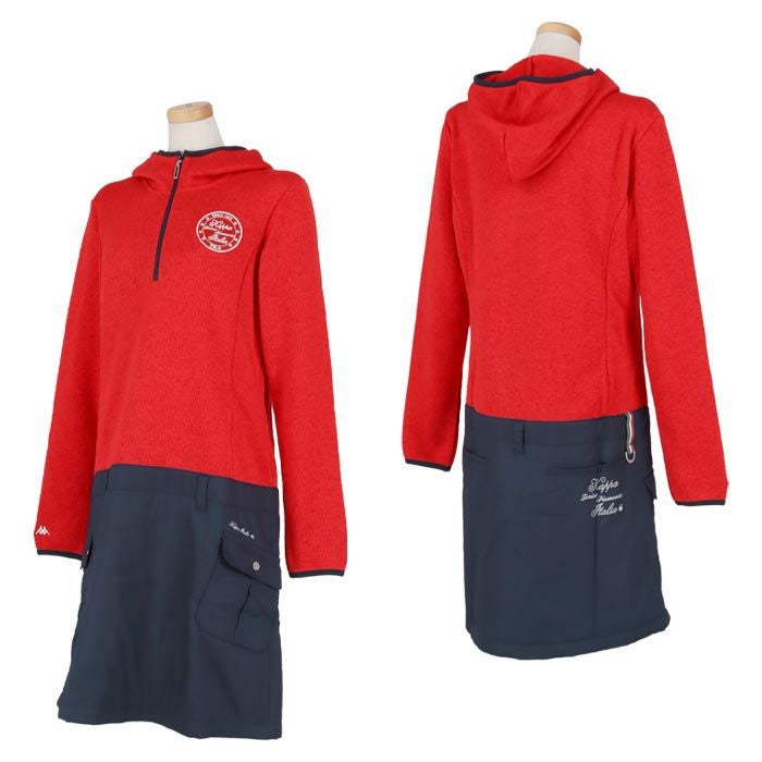 カッパ Kappa　レディース ロゴワッペン 生地切替 長袖 フード付き ハーフジップ ワンピース KG562OP71 詳細3