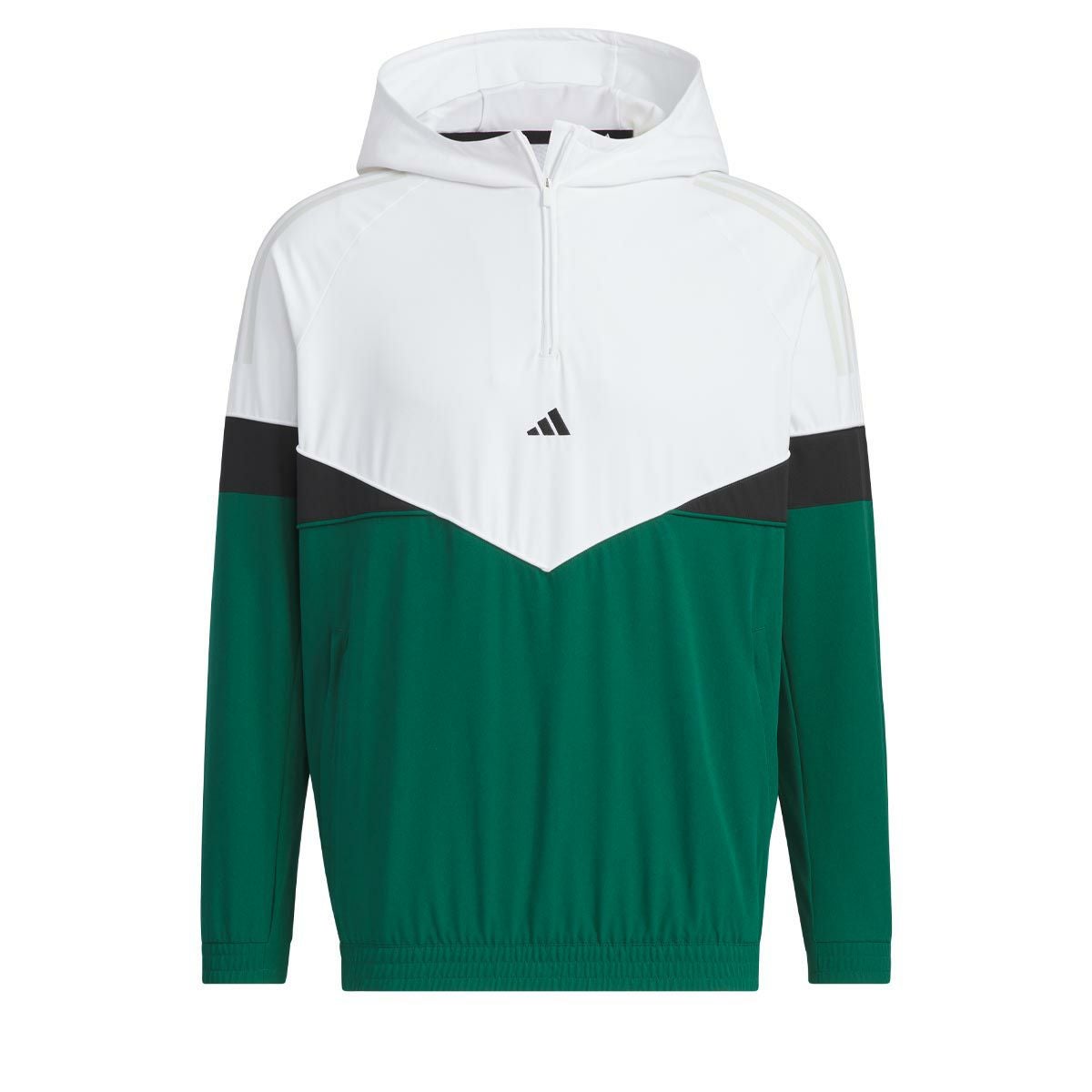 アディダス adidas　メンズ ULTIMATE365 ロゴ刺繍 カラーブロック ストレッチ 長袖 ハーフジップ フーディー JSC10　2024年モデル ホワイト/Cグリーン（IM7226）