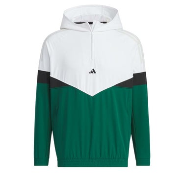 アディダス adidas　メンズ ULTIMATE365 ロゴ刺繍 カラーブロック ストレッチ 長袖 ハーフジップ フーディー JSC10　2024年モデル ホワイト/Cグリーン（IM7226）