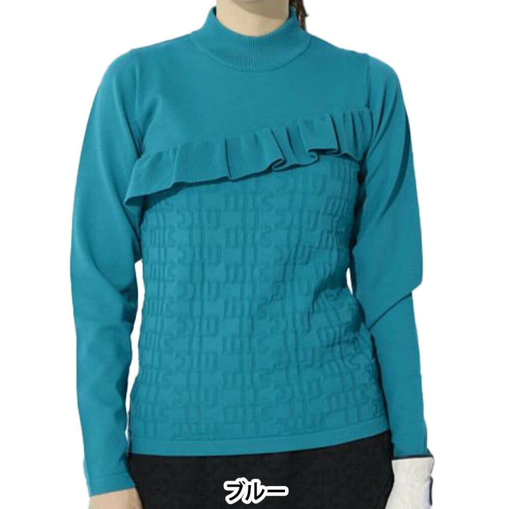 マリクレール marie claire　レディース フリル 切替デザイン ロゴジャカード 長袖 モックネック セーター 733-771　2023年モデル ブルー（BL）
