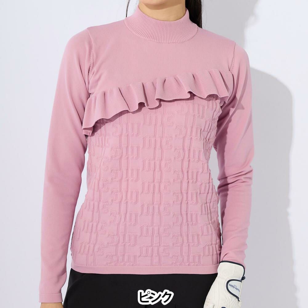 マリクレール marie claire　レディース フリル 切替デザイン ロゴジャカード 長袖 モックネック セーター 733-771　2023年モデル ピンク（PK）