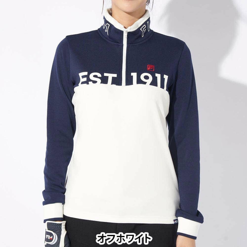 フィラ FILA　レディース 配色切替 裏起毛 ロゴプリント ストレッチ 長袖 ハーフジップシャツ 794-504　2024年モデル オフホワイト(OWT)