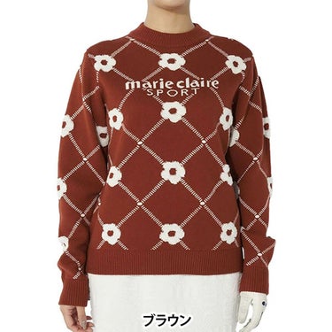 マリクレール marie claire　レディース ロゴジャガード 花柄 パイル編み 長袖 クルーネック セーター 734-721　2024年モデル ブラウン（BN）