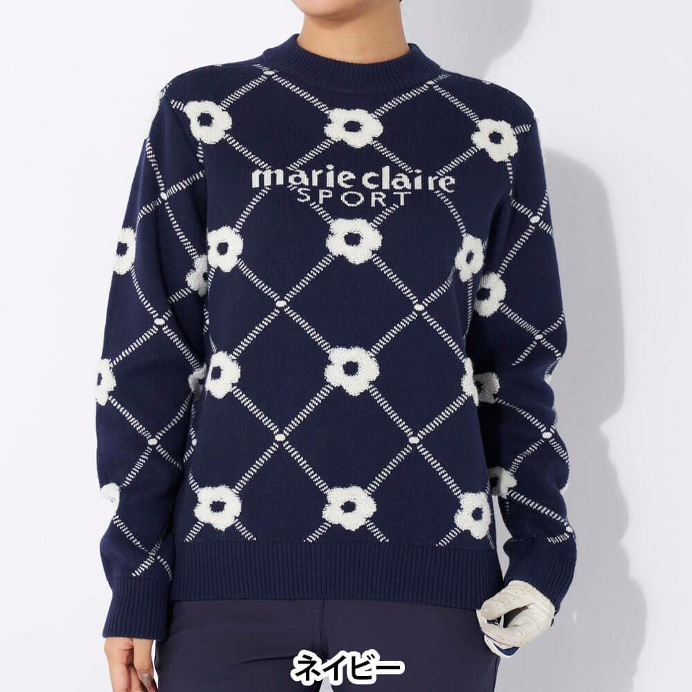 マリクレール marie claire　レディース ロゴジャガード 花柄 パイル編み 長袖 クルーネック セーター 734-721　2024年モデル ネイビー（NV）