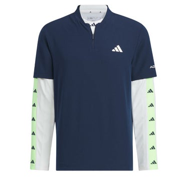 アディダス adidas　メンズ ロゴプリント ストレッチ 半袖 ハーフジップシャツ & ロゴライン 長袖 モックネックシャツ IKK78　2024年モデル カレッジネイビー/ホワイト