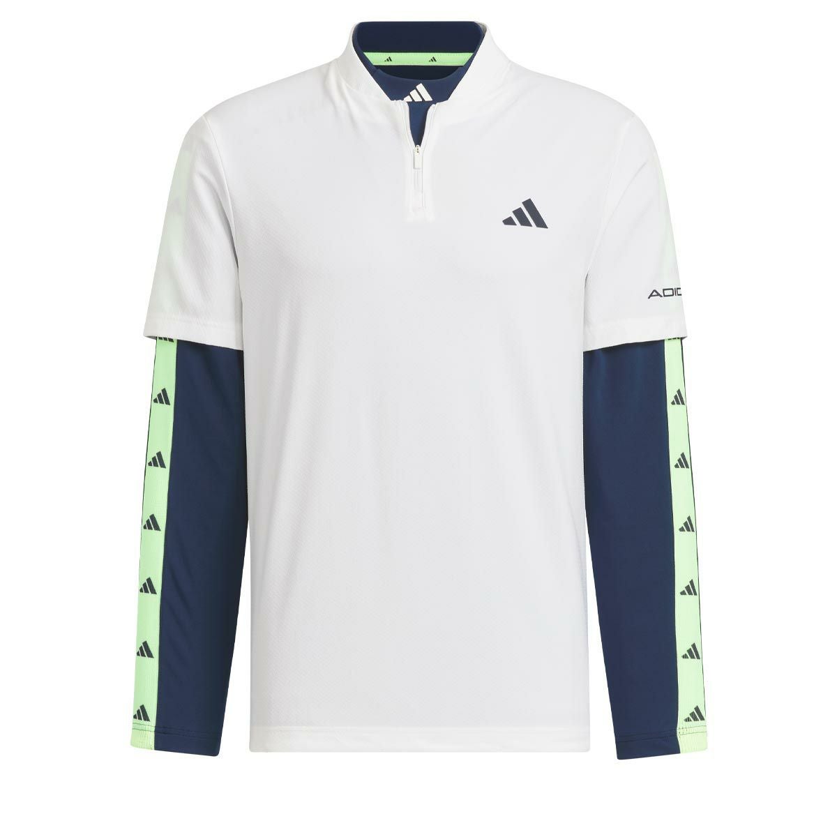 アディダス adidas　メンズ ロゴプリント ストレッチ 半袖 ハーフジップシャツ & ロゴライン 長袖 モックネックシャツ IKK78　2024年モデル ホワイト/カレッジネイビー