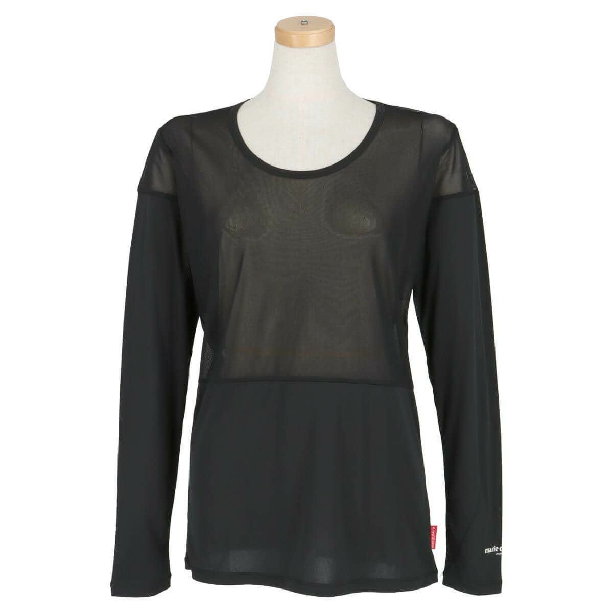 マリクレール marie claire　レディース ロゴプリント メッシュ切替 ストレッチ 長袖 Uネック インナーシャツ 713-9825 ブラック（BK）