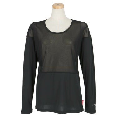 マリクレール marie claire　レディース ロゴプリント メッシュ切替 ストレッチ 長袖 Uネック インナーシャツ 713-9825 ブラック（BK）