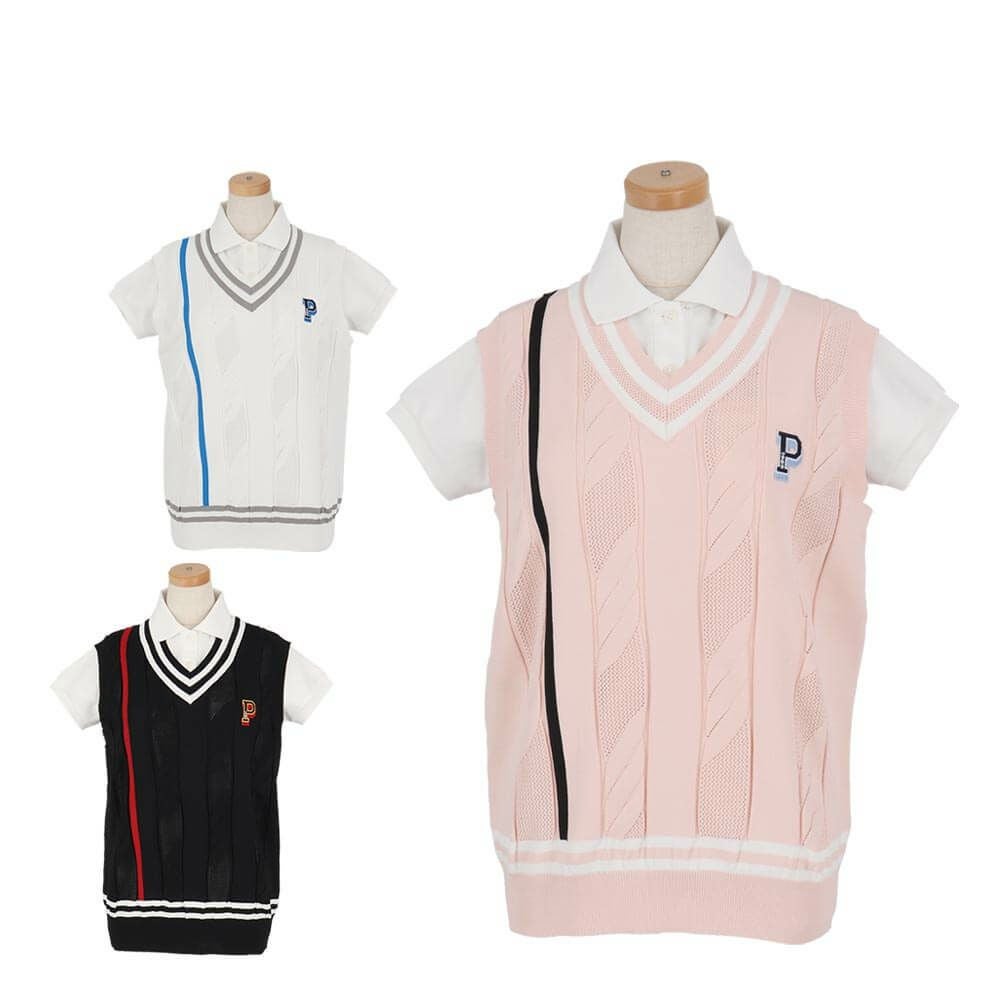 パーリーゲイツ PEARLY GATES　レディース ケーブル編み 配色ライン Vネック ニット ベスト 055-5173202　2025年モデル 詳細1