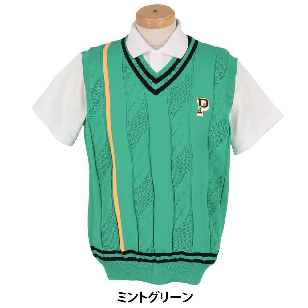 PEARLY GATES 緑黒チェック Vネックベスト サイズ6 パーリーゲイツ PEARLY GATES メンズ ケーブル編み 配色ライン Vネック