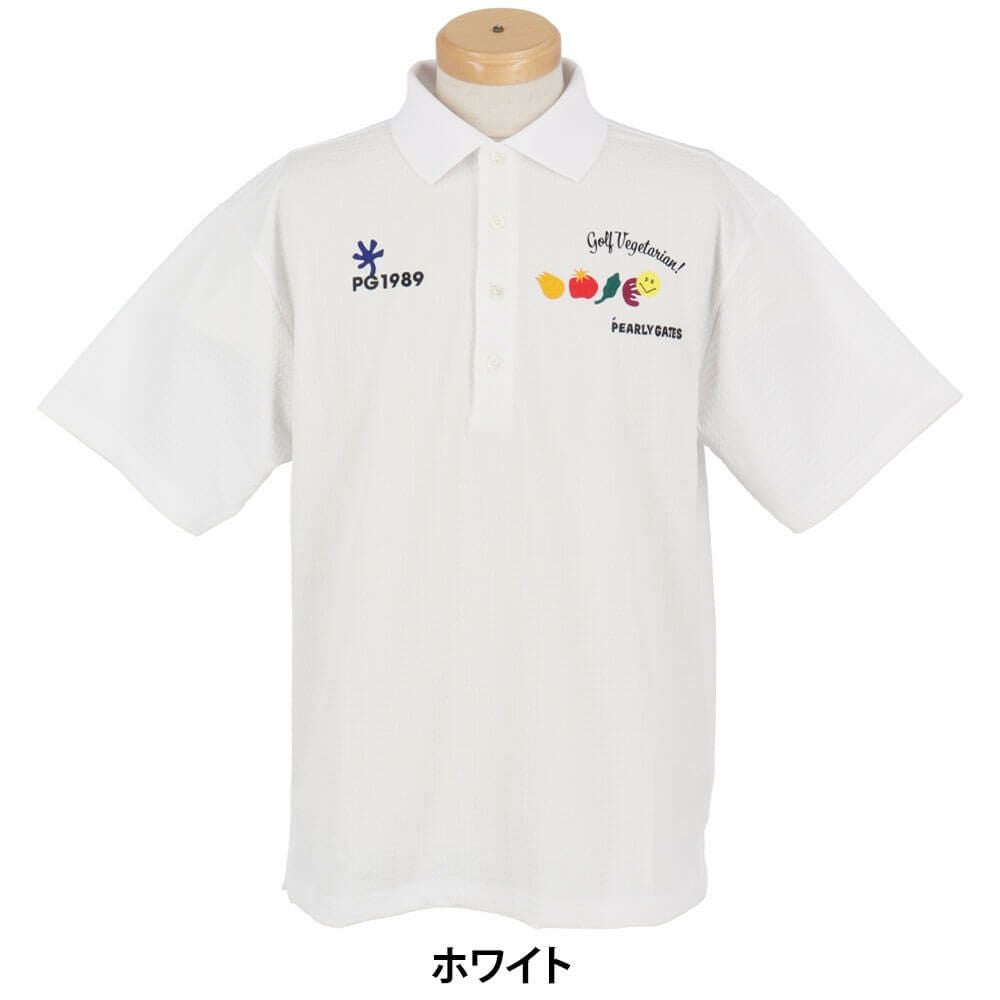 パーリーゲイツ PEARLY GATES　メンズ ロゴプリント Pe格子サッカー 半袖 ポロシャツ 053-5260617　2025年モデル ホワイト