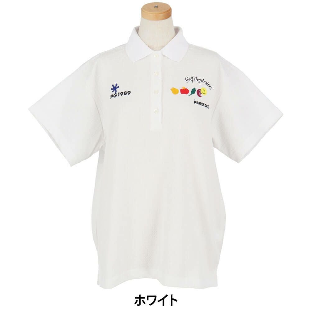 パーリーゲイツ PEARLY GATES　レディース ロゴプリント Pe格子サッカー 半袖 ポロシャツ 055-5260618　2025年モデル ホワイト