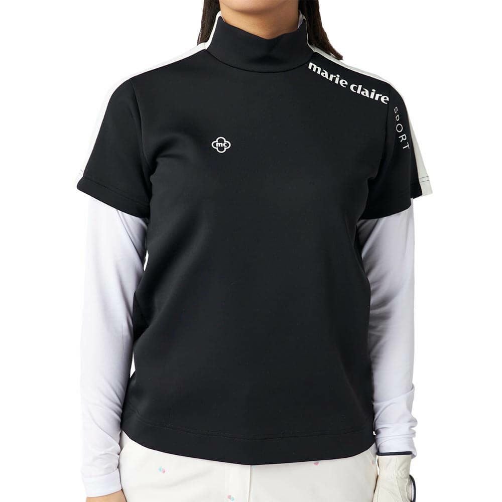 マリクレール marie claire　レディース 配色切替 半袖 プルオーバー & 長袖 Uネック インナーシャツ 715-553 ブラック　2025年モデル ブラック