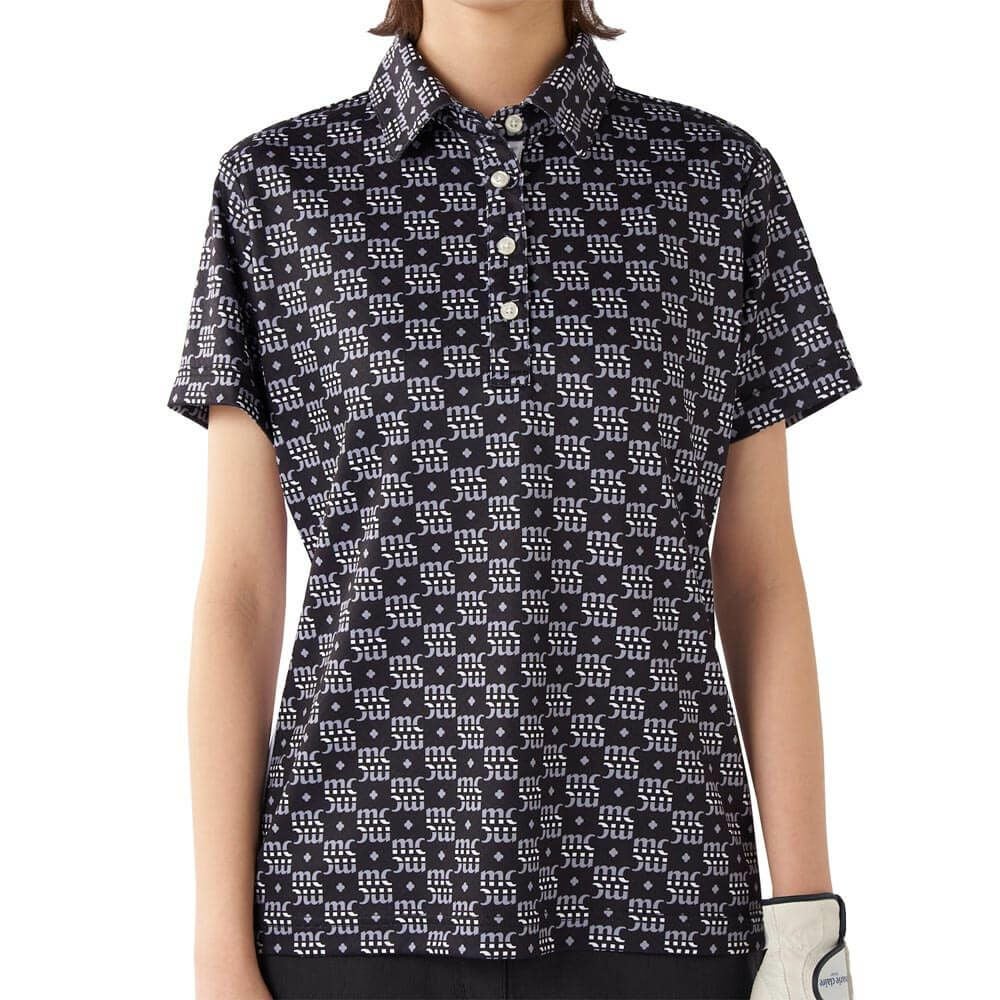 マリクレール marie claire　レディース モノグラム柄 配色切替 半袖 ポロシャツ 715-652 ブラック　2025年モデル ブラック