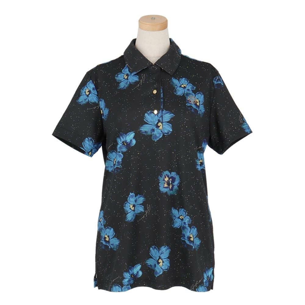 セントアンドリュース StANDREWS レディースシャツ ストレッチ フラワープリント 半袖 ポロシャツ 043-2260606 ブラック