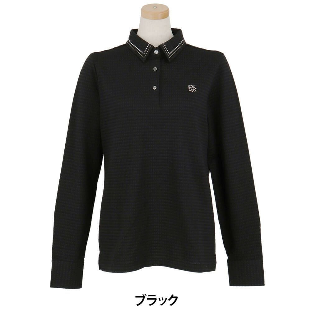 セントアンドリュース StANDREWS レディースシャツ サッカー生地 ラインストーン ストレッチ 長袖ポロシャツ 043-2261102 ブラック