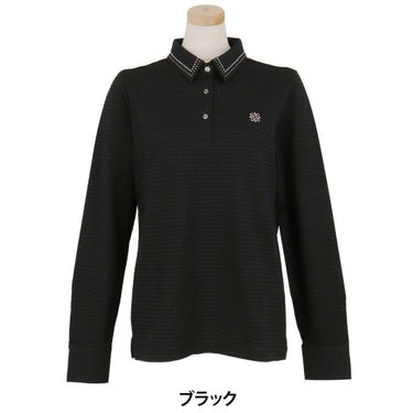 セントアンドリュース StANDREWS レディースシャツ サッカー生地 ラインストーン ストレッチ 長袖ポロシャツ 043-2261102 ブラック
