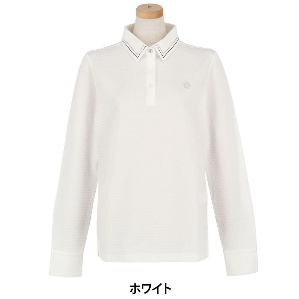 セントアンドリュース StANDREWS レディースシャツ サッカー生地 ラインストーン ストレッチ 長袖ポロシャツ 043-2261102 ホワイト