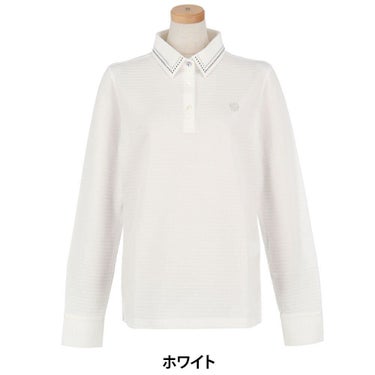 セントアンドリュース StANDREWS レディースシャツ サッカー生地 ラインストーン ストレッチ 長袖ポロシャツ 043-2261102 ホワイト