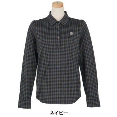 セントアンドリュース StANDREWS レディースシャツ チェック柄 ジャガード 長袖ポロシャツ 043-9261910 ネイビー