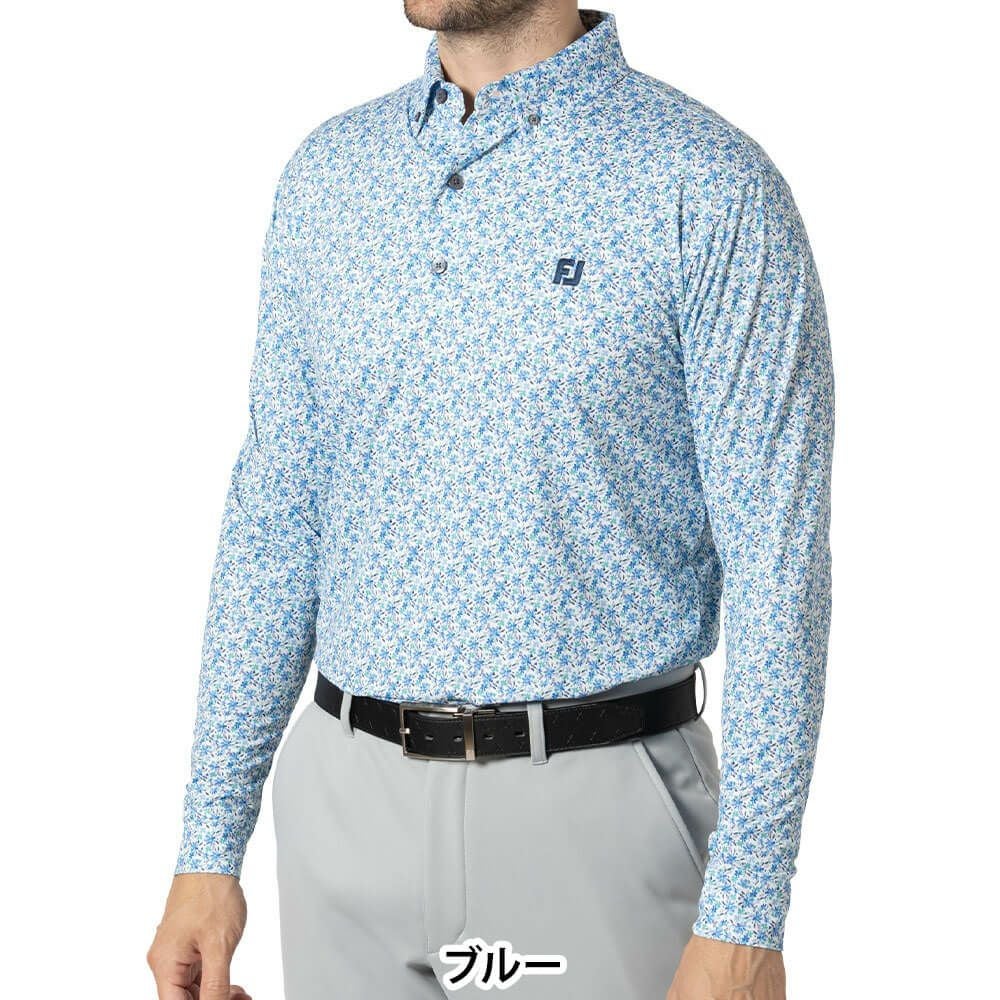 フットジョイ FootJoy　メンズ フラワープリント 長袖 ボタンダウン ポロシャツ FJ-F24-S10　2024年モデル ブルー