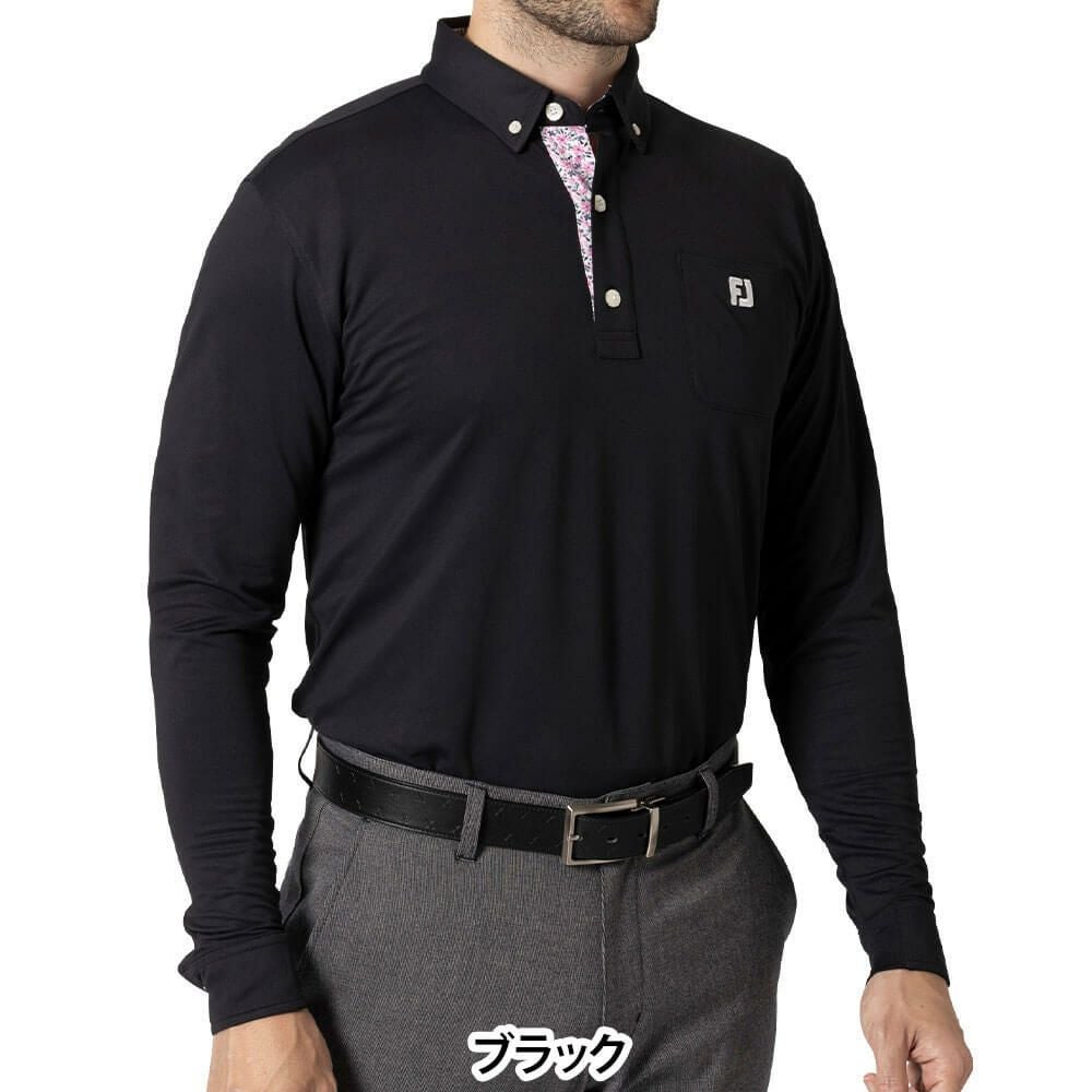 フットジョイ FootJoy　メンズ ソリッドポケット付 長袖 ボタンダウン ポロシャツ FJ-F24-S14　2024年モデル ブラック