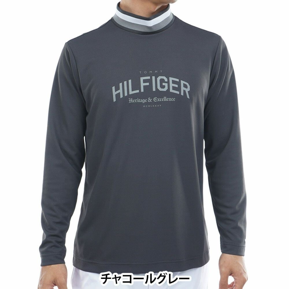 トミー ヒルフィガー ゴルフ　メンズ シグネチャーリブ 長袖 モックネック シャツ THMA562　2025年モデル チャコールグレー 詳細1