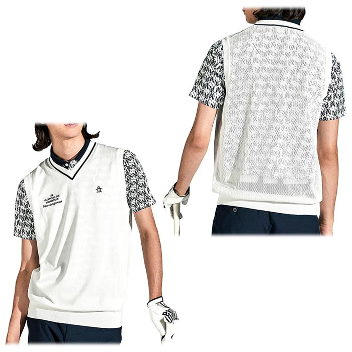 マンシングウェア Munsingwear　メンズ 背面メッシュ 編地切替 ロゴ刺繍 Vネック ニット ベスト MGMXJL82　2024年モデル ホワイト詳細2