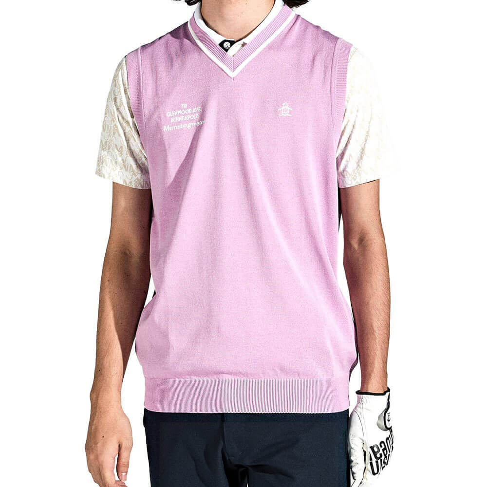 マンシングウェア Munsingwear　メンズ 背面メッシュ 編地切替 ロゴ刺繍 Vネック ニット ベスト MGMXJL82　2024年モデル パープル