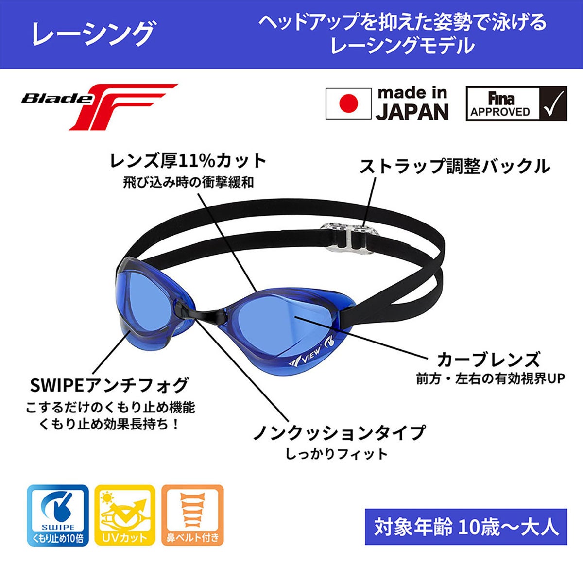 ビュー VIEW　スイミングゴーグル Blade F ブレードエフ SWIPE 競泳用 レーシング V122SA 詳細9(ALT)