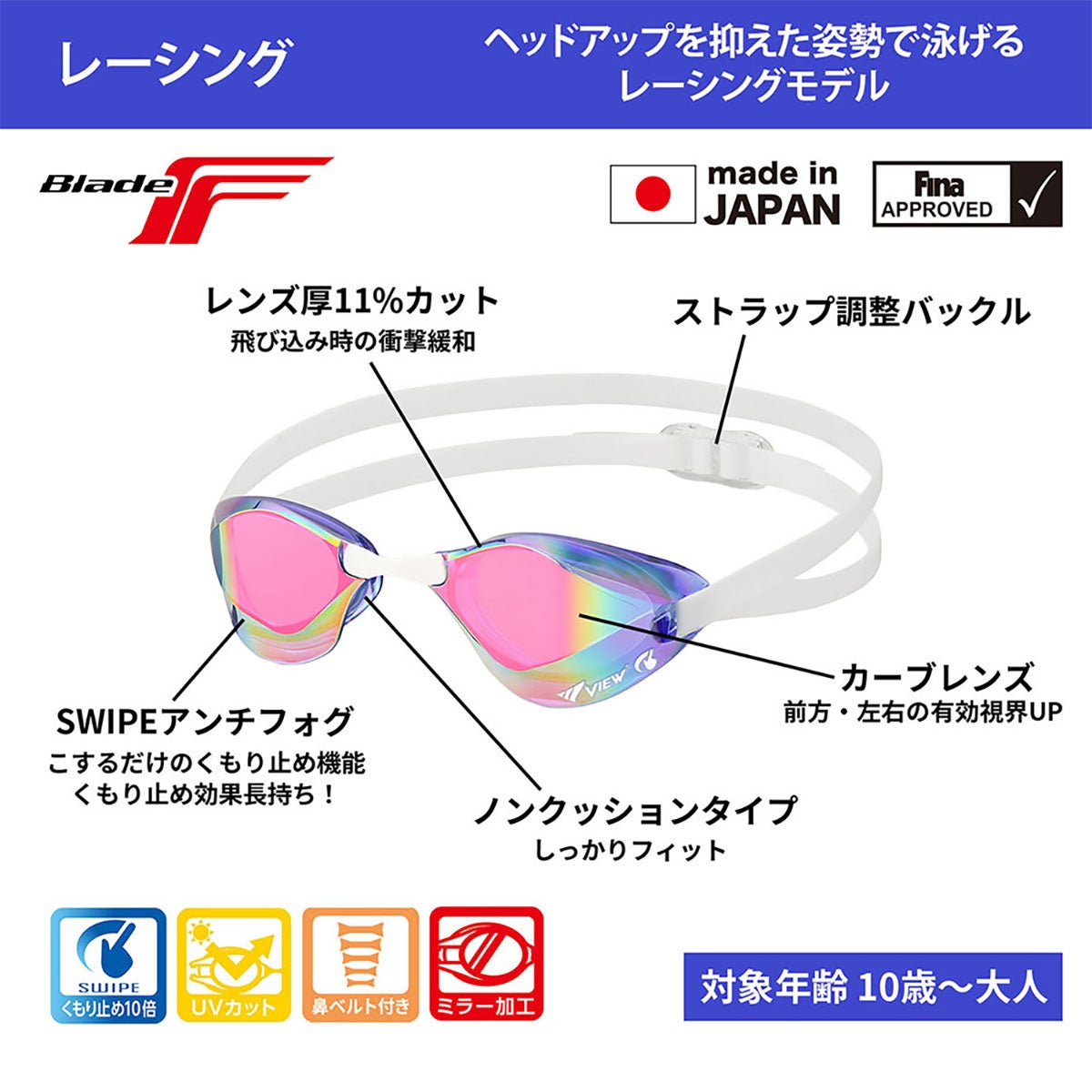 ビュー VIEW　スイミングゴーグル Blade F SWIPE 競泳用 レーシング スイミングゴーグル ミラータイプ V122SAM 詳細26(ALT)
