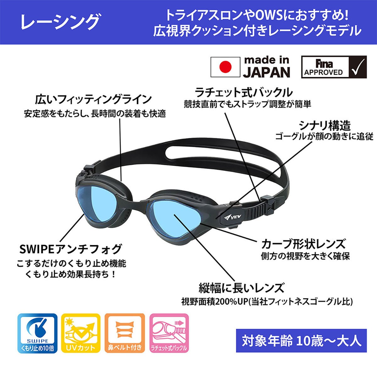 ビュー VIEW　スイミングゴーグル DELFINA for TRIATHLON デルフィナ トライアスロン 競泳用 レーシング クッション付 V2000SA 詳細10(ALT)