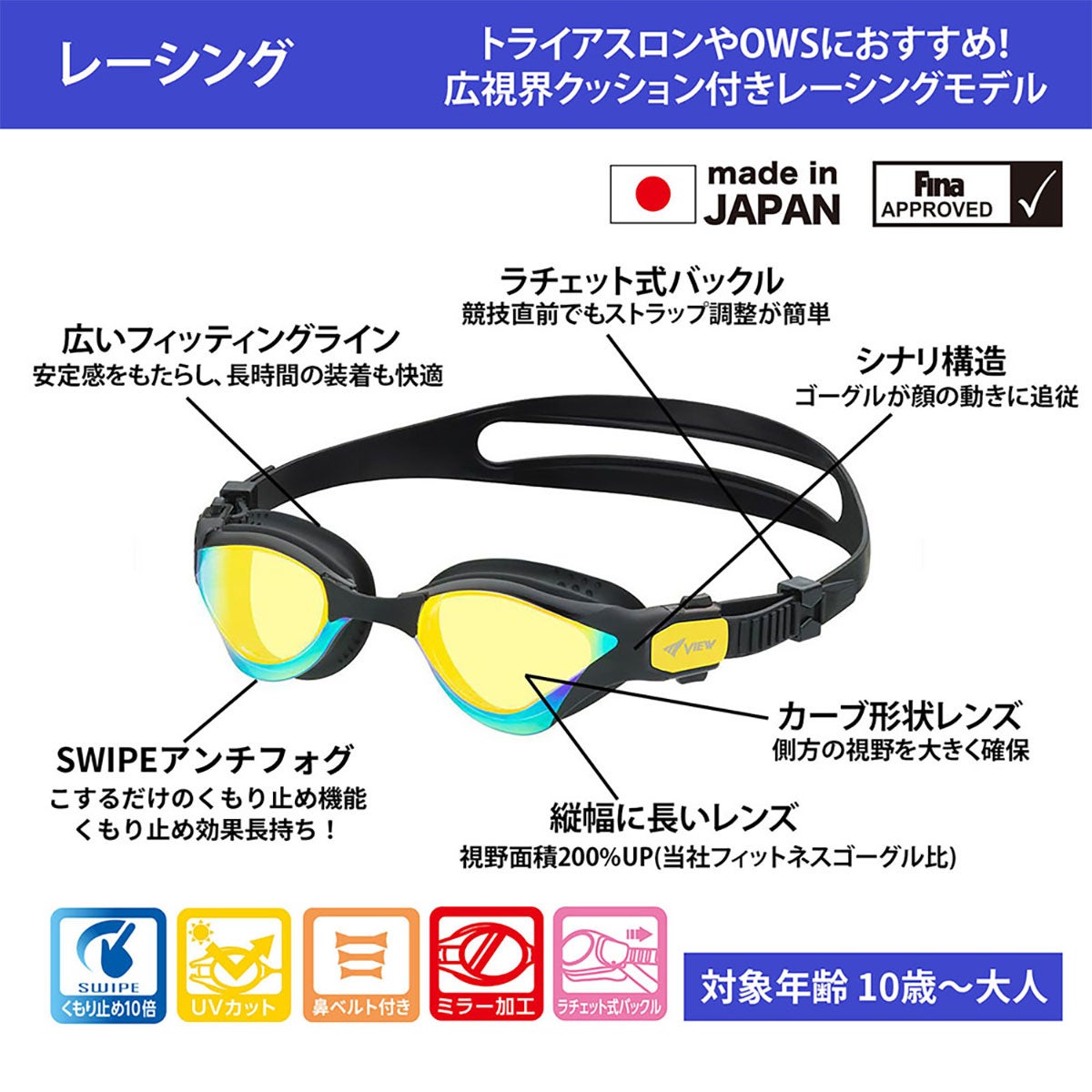 ビュー VIEW　スイミングゴーグル ミラータイプ DELFINA for TRIATHLON デルフィナ トライアスロン 競泳用 レーシング クッション付 V2000SAM 詳細10(ALT)