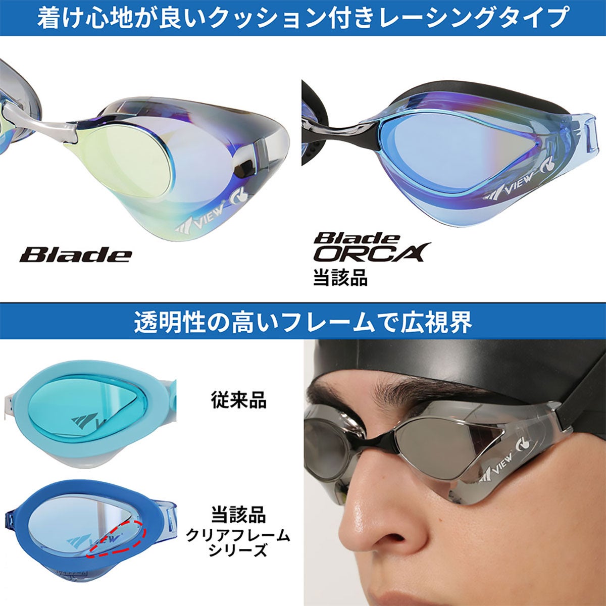 ビュー VIEW　スイミングゴーグル ミラータイプ Blade ORCA ブレードオルカ SWIPE 競泳用 レーシング クッション付 クリアフレーム V230SAMC 詳細28(ALT)