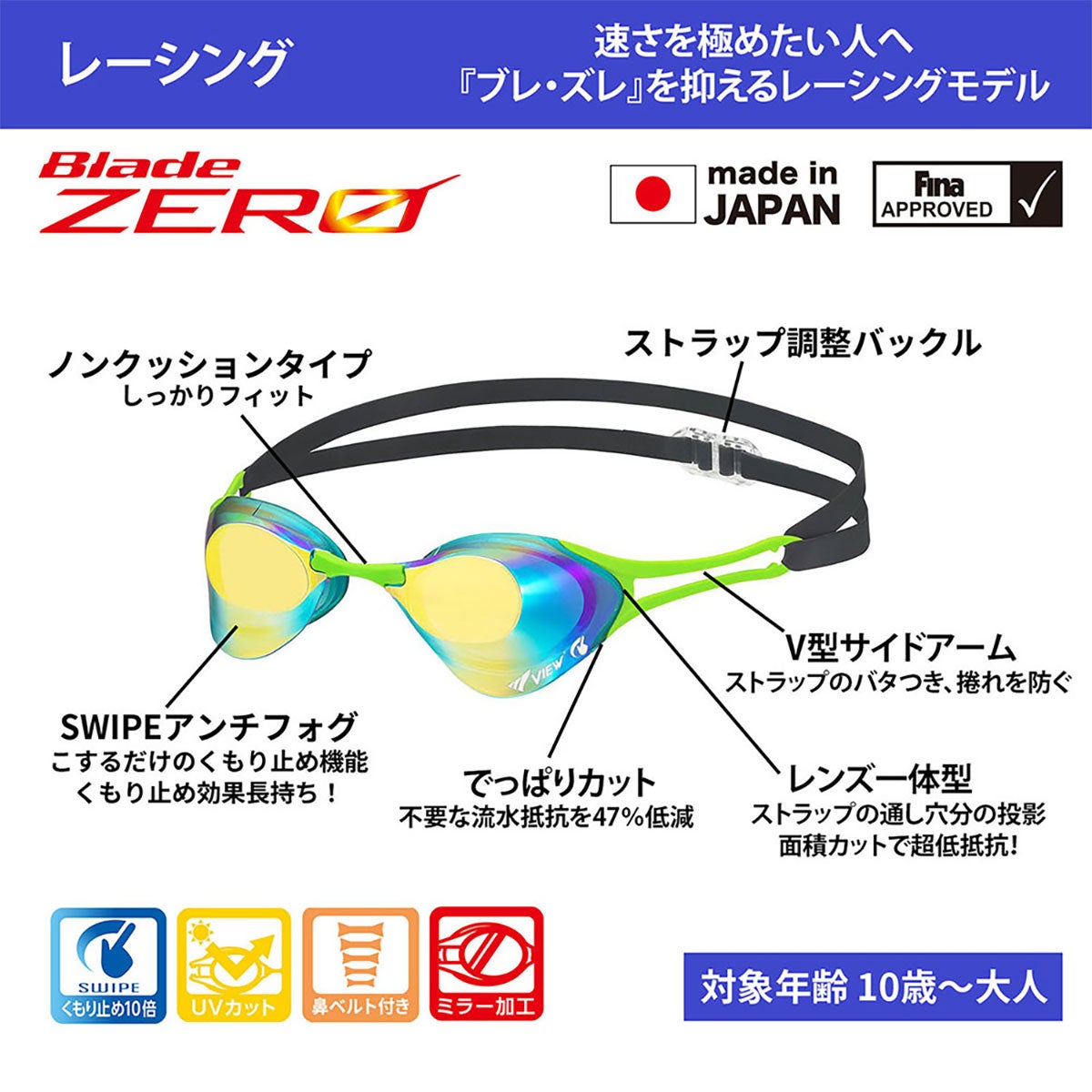 ビュー VIEW　スイミングゴーグル ミラータイプ Blade ZERO ブレードゼロ SWIPE 競泳用 レーシング V127SAM 詳細11(ALT)