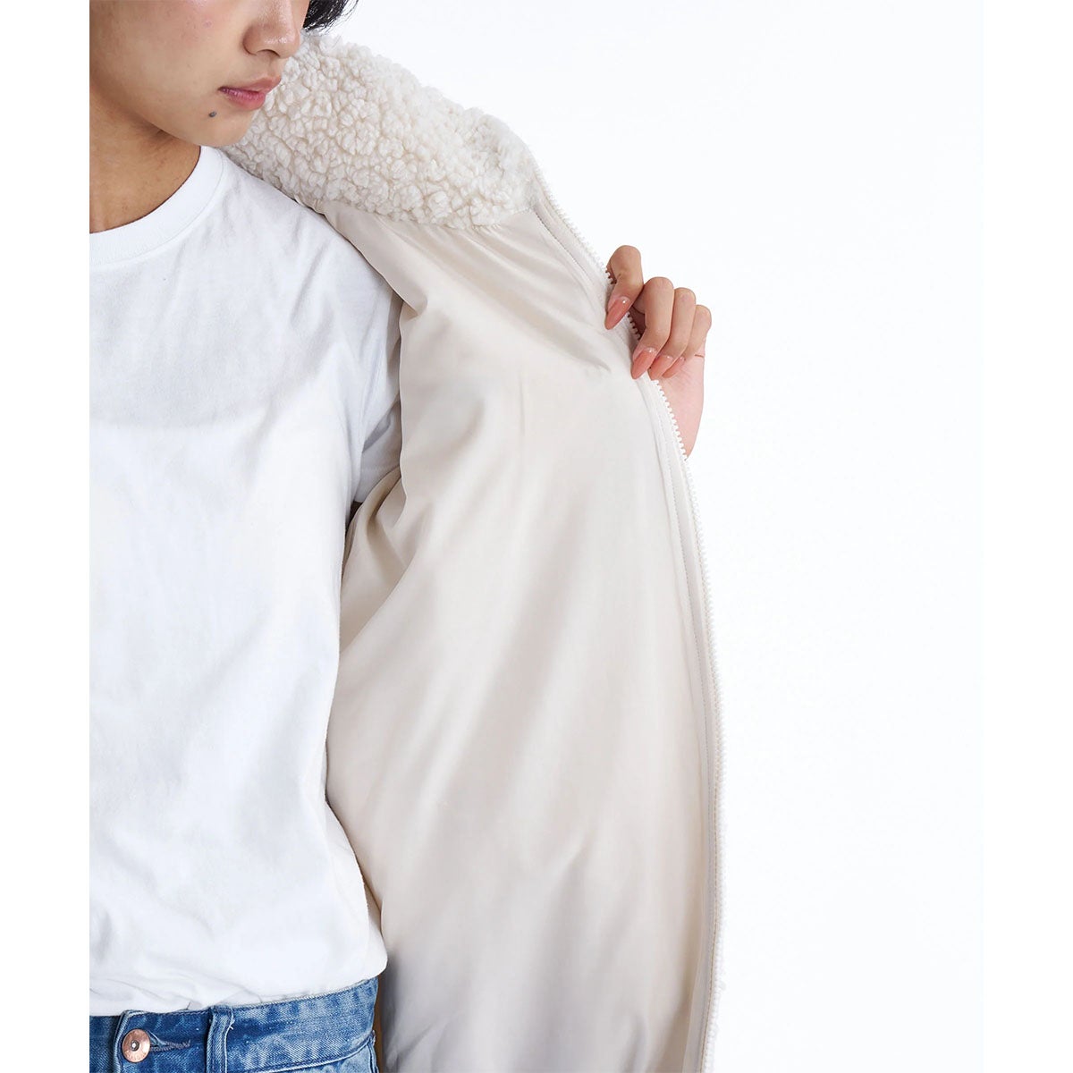 ビラボン BILLABONG FUR BOA STAND LIGHT JACKET ドローコード付き レディース ジップアップジャケット BF014760 アイボリー着用背面