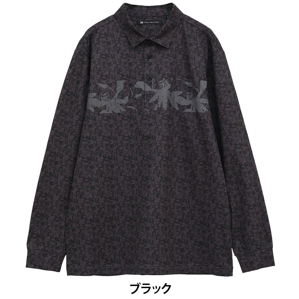 トラヴィスマシュー Travis Mathew　メンズ ラベンダー柄 チェストプリント 長袖 ポロシャツ 7AM017  ブラック 正面