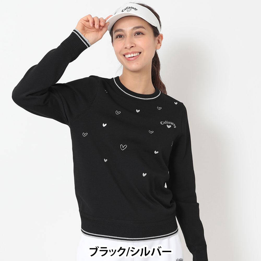 キャロウェイ Callaway レディース ラブキャロウェイ ハート刺繍 長袖 クルーネック ニット C26218203 ブラック/シルバー 正面