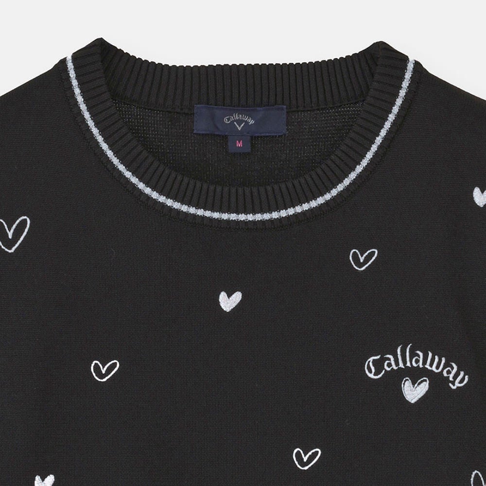 キャロウェイ Callaway レディース ラブキャロウェイ ハート刺繍 長袖 クルーネック ニット C26218203 ブラック/シルバー 襟元アップ