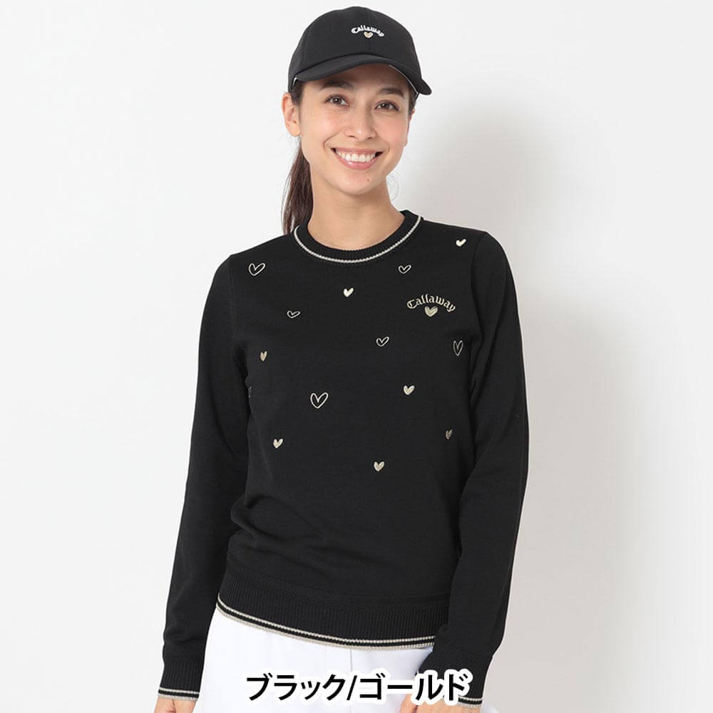 キャロウェイ Callaway レディース ラブキャロウェイ ハート刺繍 長袖 クルーネック ニット C26218203 ブラック/ゴールド 正面