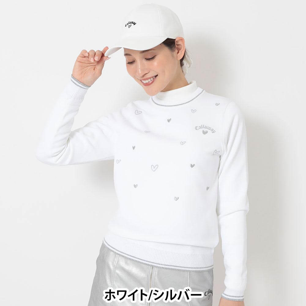 キャロウェイ Callaway レディース ラブキャロウェイ ハート刺繍 長袖 クルーネック ニット C26218203 ホワイト/シルバー 正面