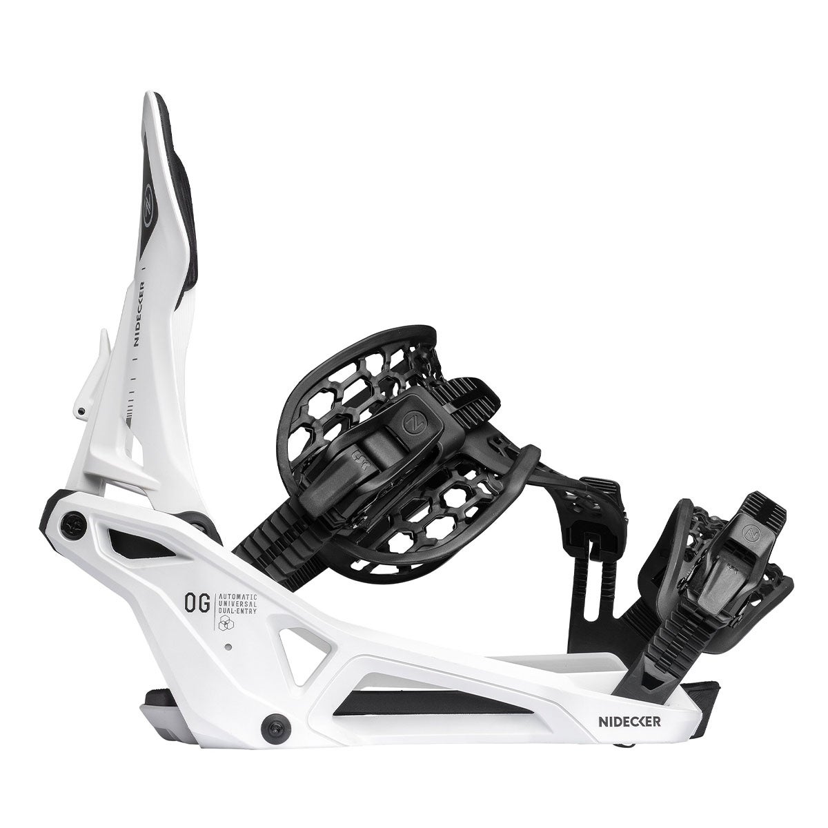ナイデッカー NIDECKER OG SUPERMATIC オージースーパーマティック WHITE スノーボードビンディング 2026-2027 ホワイト 斜めアングル全体