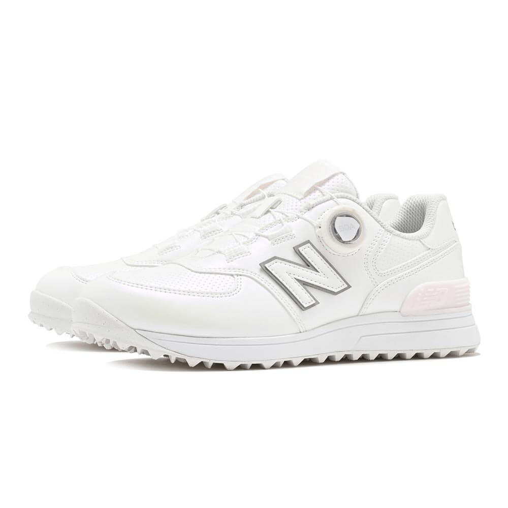 ニューバランスゴルフ レディース Golf 574 SL BOA 574 v4 ボア スパイクレス ゴルフシューズ W574B 6J4 WHITE/PINK 全体斜め