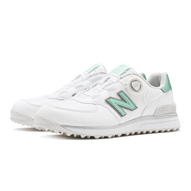 ニューバランスゴルフ レディース Golf 574 SL BOA 574 v4 ボア スパイクレス ゴルフシューズ W574B 8OF WHITE/MINT 全体斜め