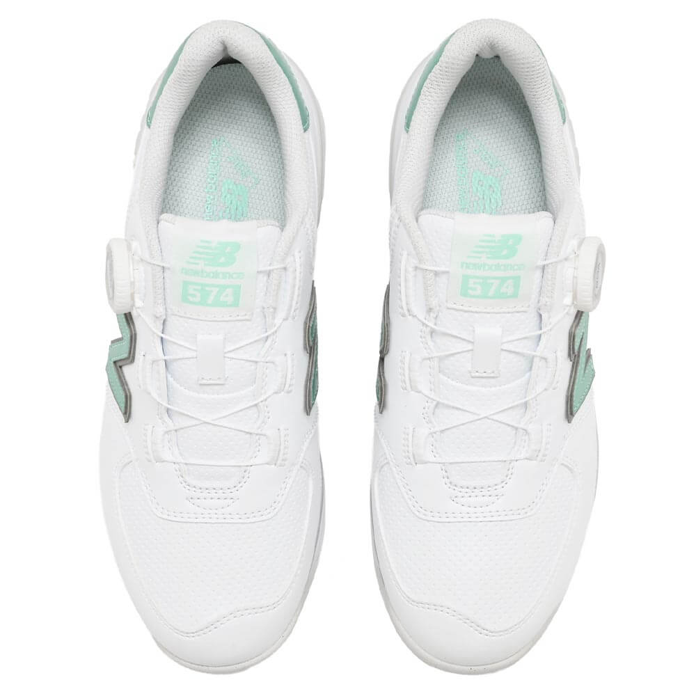 ニューバランスゴルフ レディース Golf 574 SL BOA 574 v4 ボア スパイクレス ゴルフシューズ W574B 8OF WHITE/MINT 上面