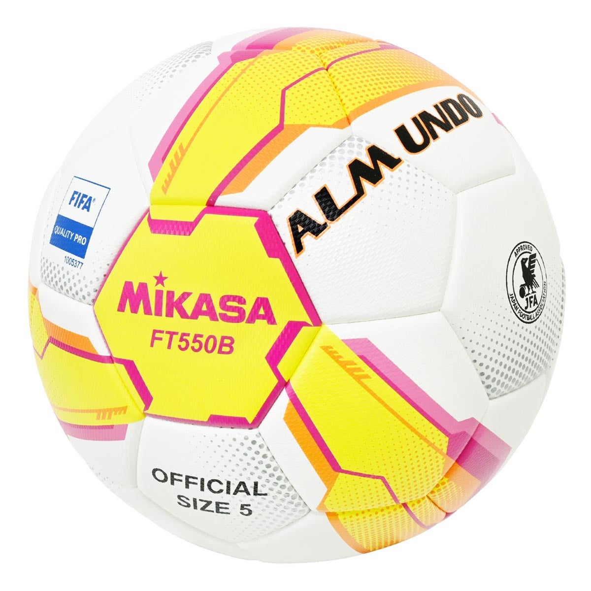 ミカサ MIKASA サッカー5号貼り 大学試合球 FT550B-YP-JUFA イエロー×ピンク サッカーボール ボール 正面